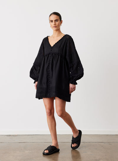 LILLIAN 6.0 LINEN COTTON BROIDERIE SMOCK DRESS | BLACK