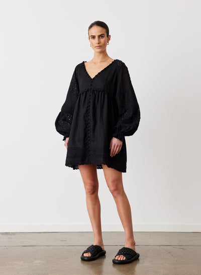 LILLIAN 6.0 LINEN COTTON BROIDERIE SMOCK DRESS | BLACK