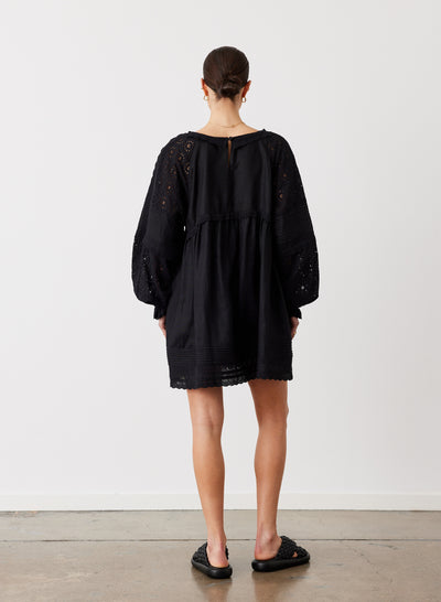 LILLIAN 6.0 LINEN COTTON BROIDERIE SMOCK DRESS | BLACK