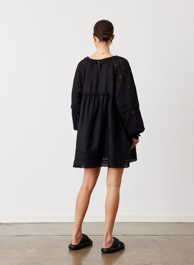 LILLIAN 6.0 LINEN COTTON BROIDERIE SMOCK DRESS | BLACK