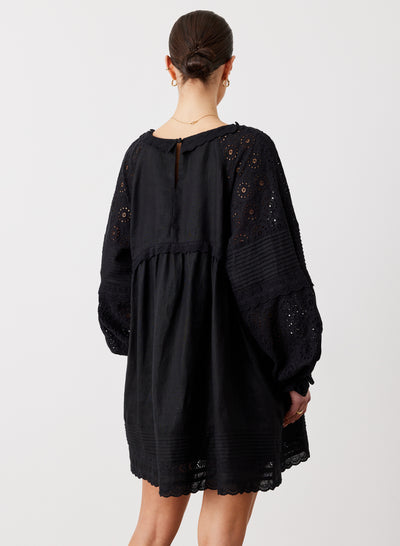 LILLIAN 6.0 LINEN COTTON BROIDERIE SMOCK DRESS | BLACK