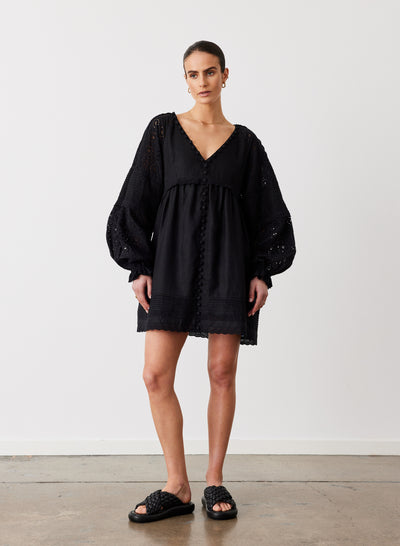 Lillian 6.0 Linen Cotton Broderie Smock Dress | Black