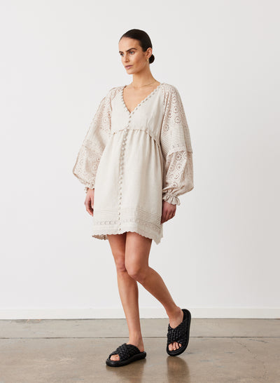 LILLIAN 6.0 LINEN COTTON BROIDERIE SMOCK DRESS | FLAX