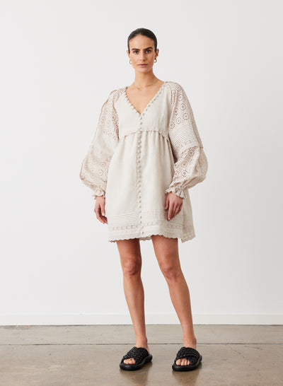 LILLIAN 6.0 LINEN COTTON BROIDERIE SMOCK DRESS | FLAX