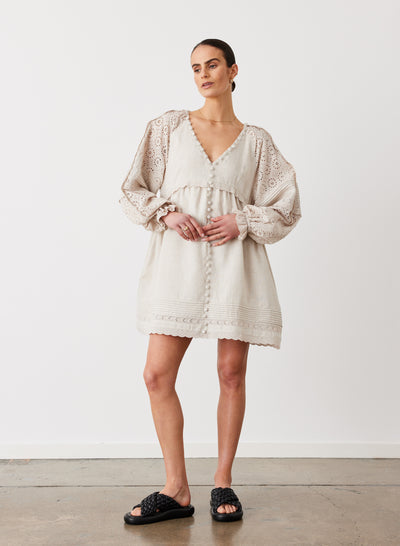 LILLIAN 6.0 LINEN COTTON BROIDERIE SMOCK DRESS | FLAX