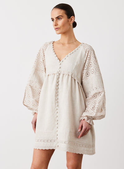LILLIAN 6.0 LINEN COTTON BROIDERIE SMOCK DRESS | FLAX
