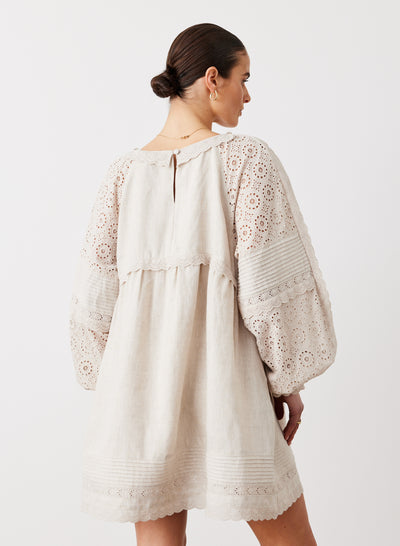 LILLIAN 6.0 LINEN COTTON BROIDERIE SMOCK DRESS | FLAX