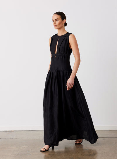 LOREN SILK LINEN MAXI DRESS | BLACK
