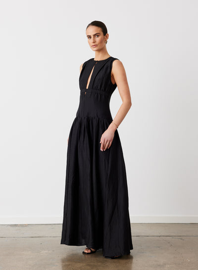 LOREN SILK LINEN MAXI DRESS | BLACK