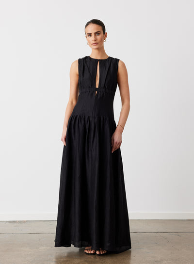 LOREN SILK LINEN MAXI DRESS | BLACK
