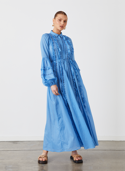 OLYMPIA ORGANIC COTTON MAXI SMOCK SHIRT DRESS | CERULEAN BLUE