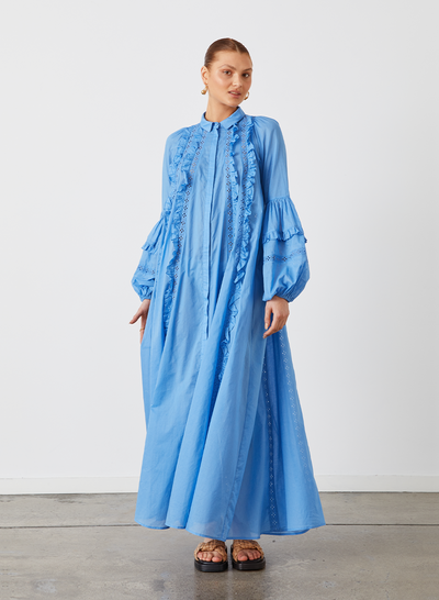 OLYMPIA ORGANIC COTTON MAXI SMOCK SHIRT DRESS | CERULEAN BLUE