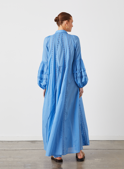 OLYMPIA ORGANIC COTTON MAXI SMOCK SHIRT DRESS | CERULEAN BLUE