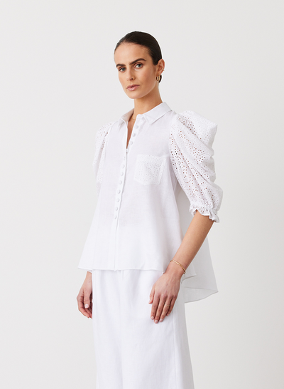 Sienna Linen Cotton Broderie Shirt | Optical White