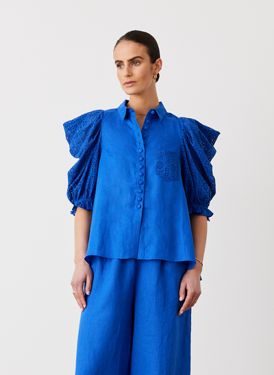 Sienna Linen Cotton Broderie Shirt | Lapis Blue