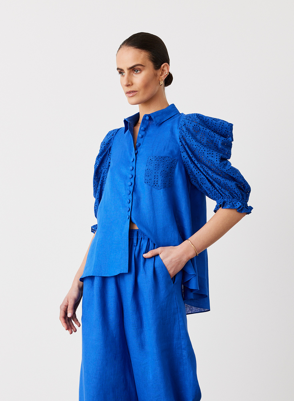 Sienna Linen Cotton Broderie Shirt | Lapis Blue