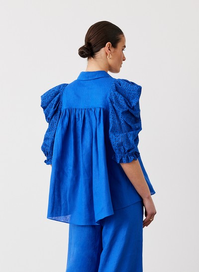 Sienna Linen Cotton Broderie Shirt | Lapis Blue