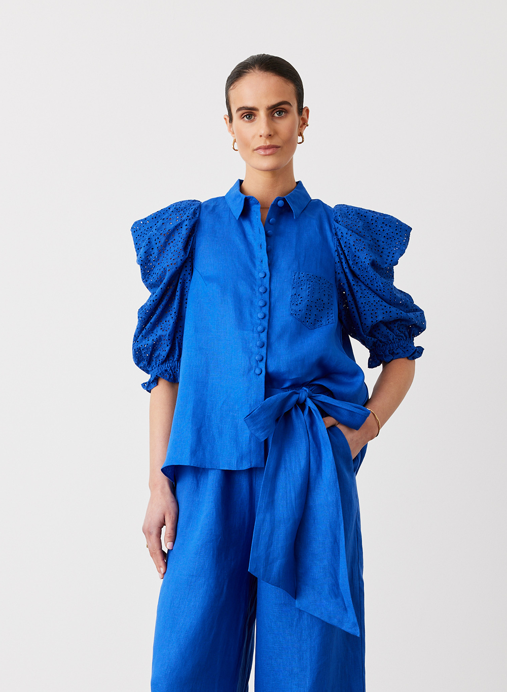 Sienna Linen Cotton Broderie Shirt | Lapis Blue