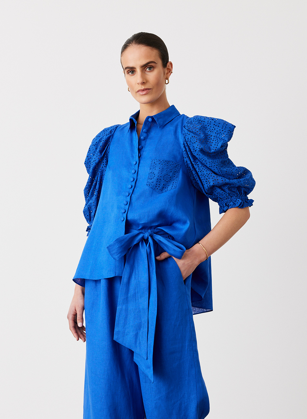 Sienna Linen Cotton Broderie Shirt | Lapis Blue