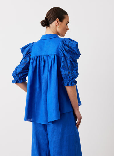 Sienna Linen Cotton Broderie Shirt | Lapis Blue