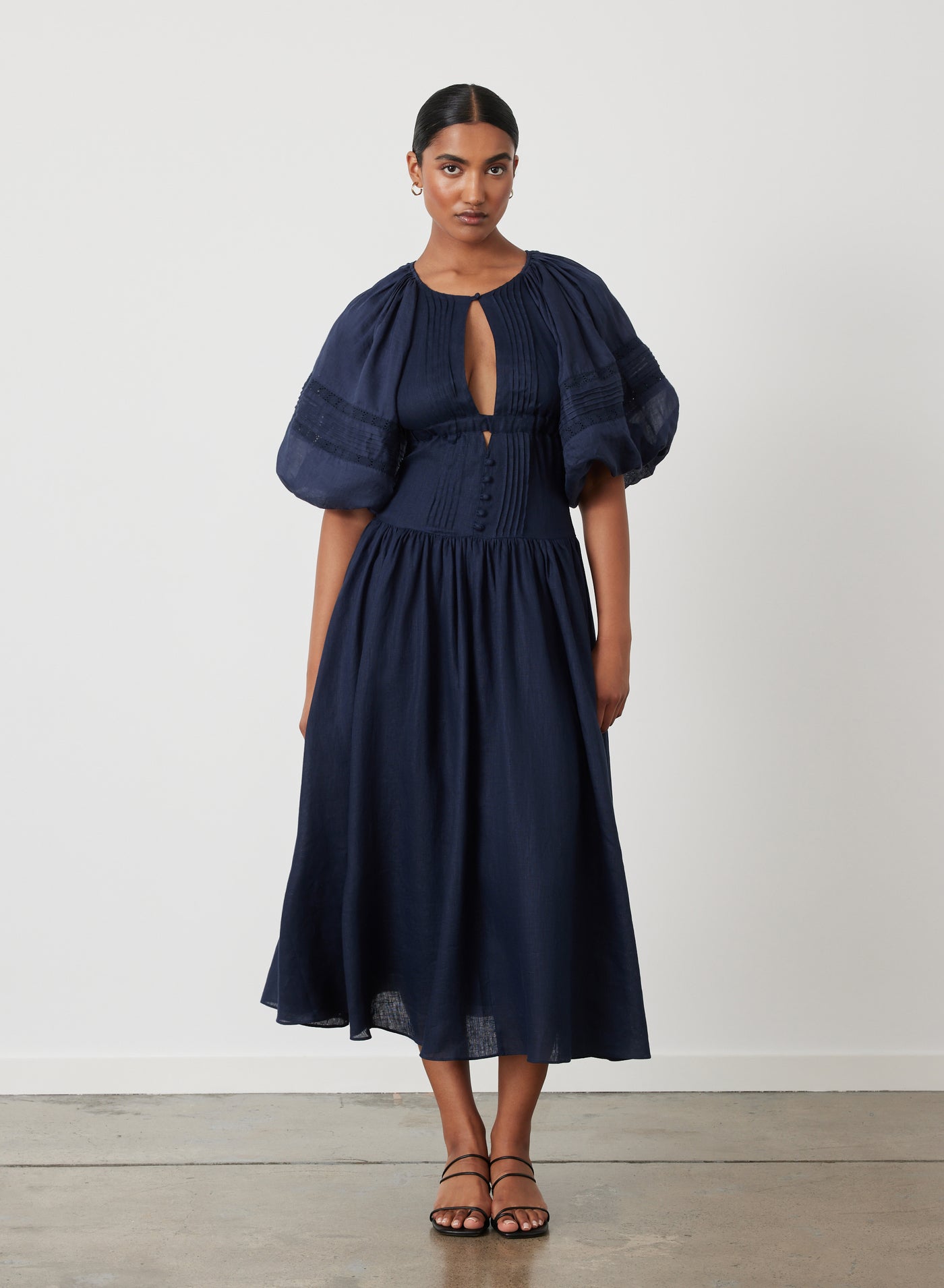 IVANA LINEN RAMIE MIDI DRESS | NAVY