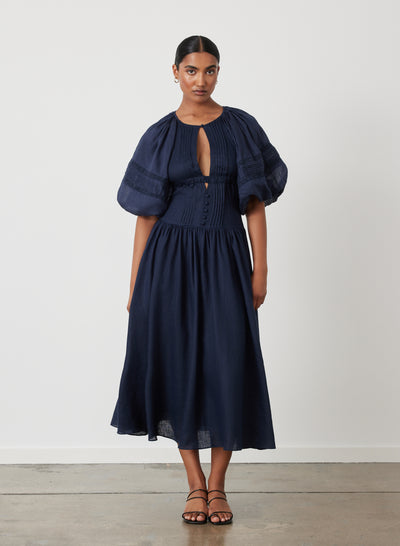 IVANA LINEN RAMIE MIDI DRESS | NAVY