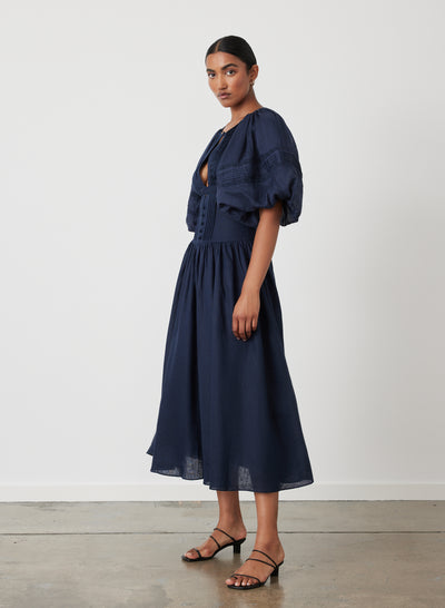 IVANA LINEN RAMIE MIDI DRESS | NAVY