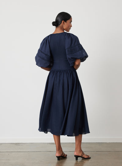 IVANA LINEN RAMIE MIDI DRESS | NAVY
