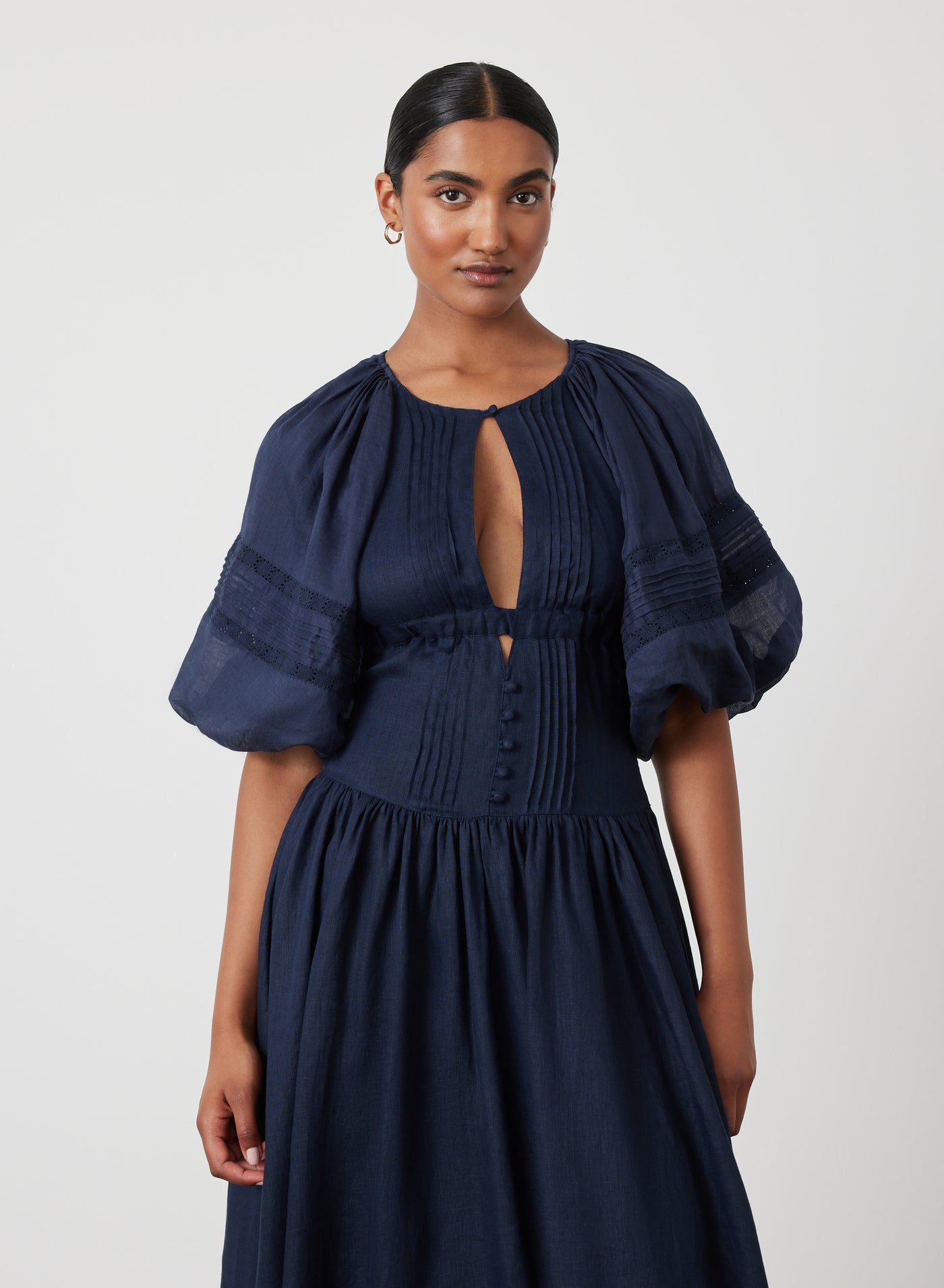 IVANA LINEN RAMIE MIDI DRESS | NAVY