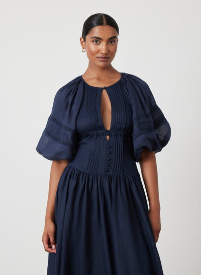 IVANA LINEN RAMIE MIDI DRESS | NAVY