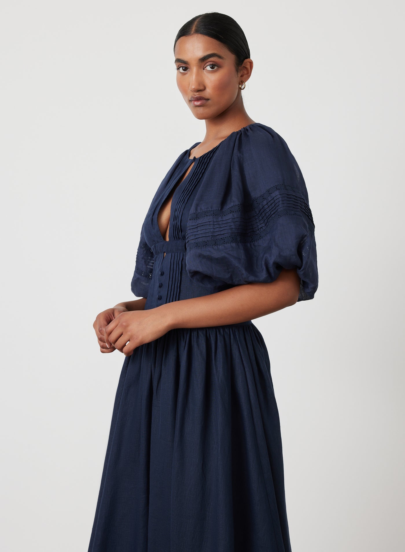 IVANA LINEN RAMIE MIDI DRESS | NAVY