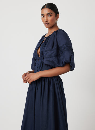 IVANA LINEN RAMIE MIDI DRESS | NAVY