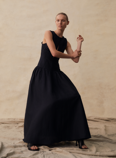 Loren Silk Linen Maxi Dress | Black Indigo